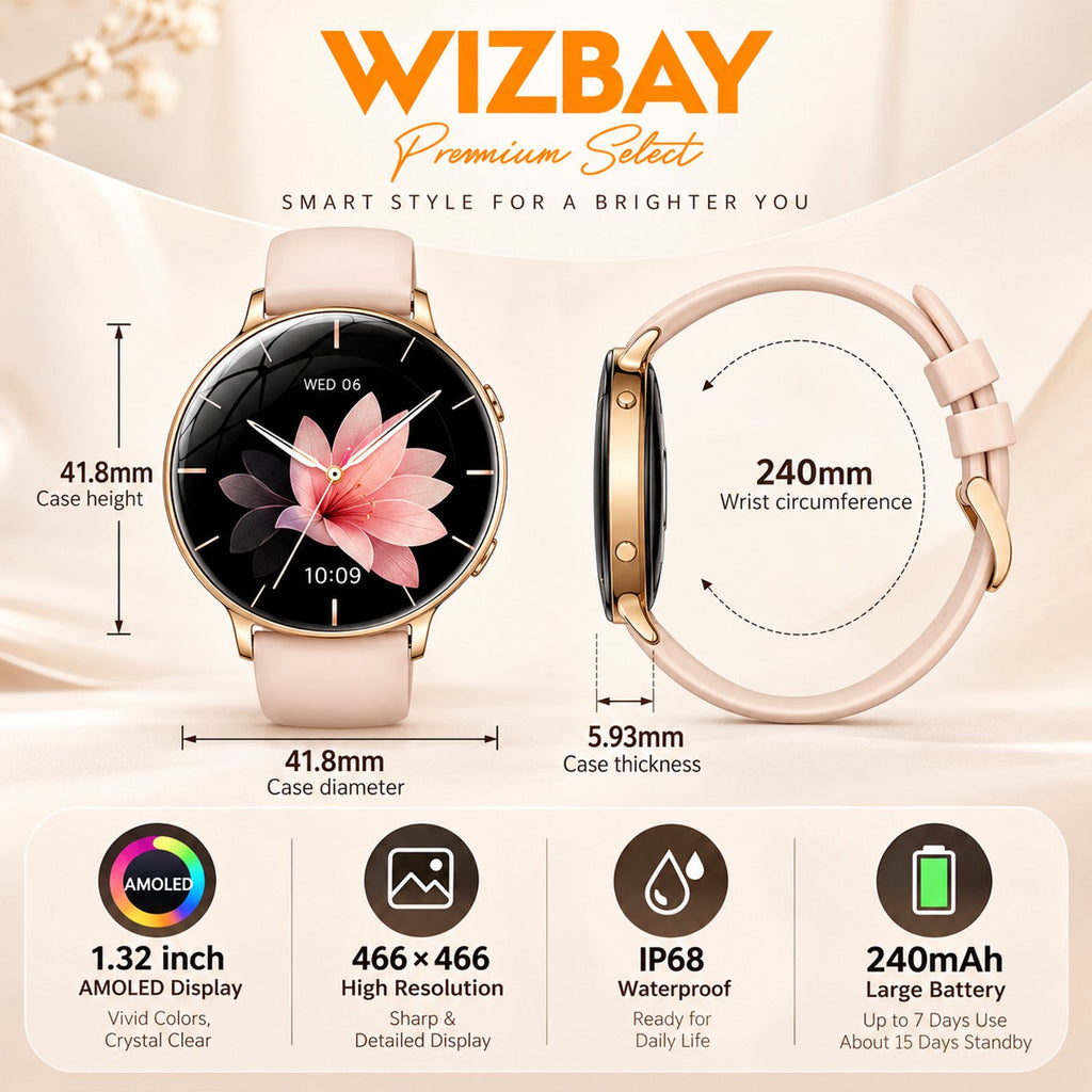 WizBay Premium Select® Smartwatch – AMOLED 1.32 inch – Multiple Sport Modi - Bluetooth Bellen – Flashlight – Hartslag SpO2 Slaap – Goud
