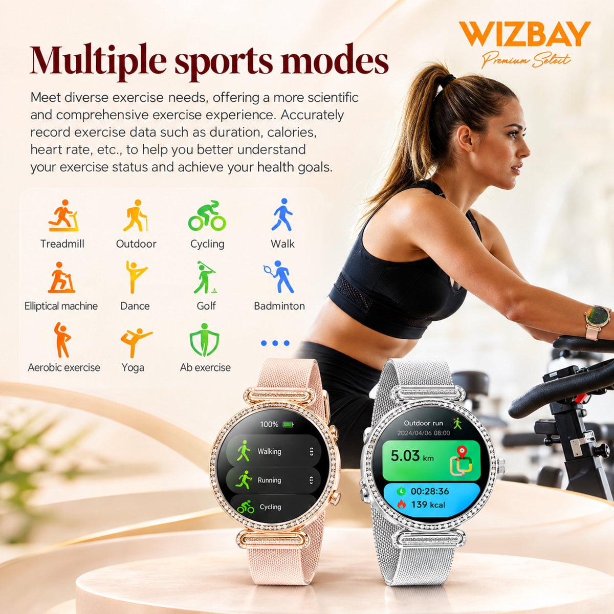 WizBay Premium Select® Smartwatch Dames - 1.32 inch AMOLED 3D Scherm - Bluetooth Bellen - Hartslag - SpO2 - Bloeddruk - IP67 - Goud