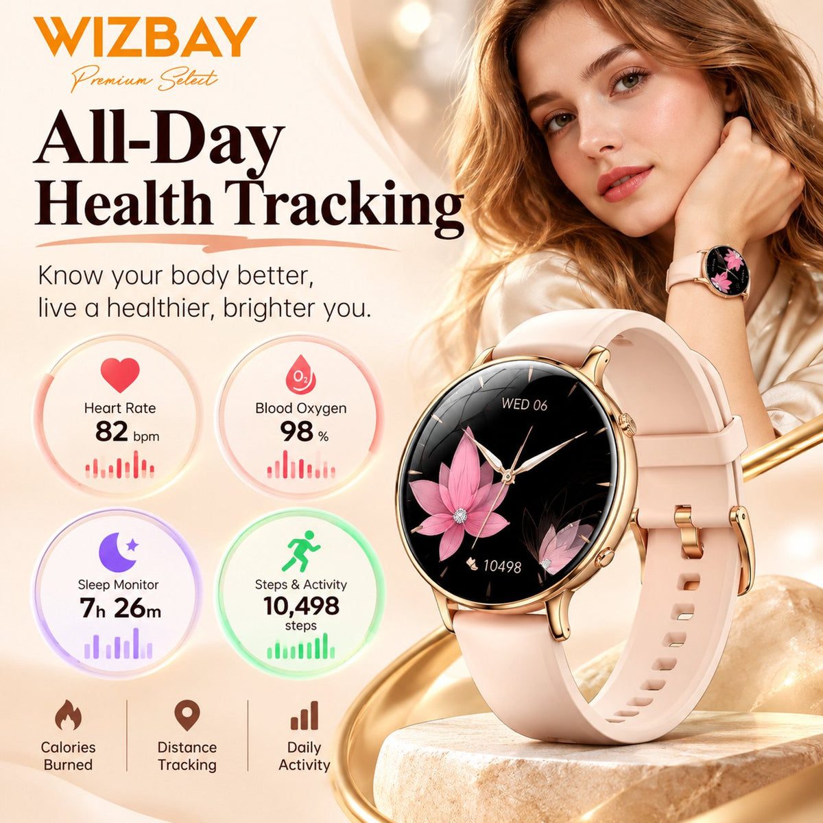 WizBay Premium Select® Smartwatch – AMOLED 1.32 inch – Multiple Sport Modi - Bluetooth Bellen – Flashlight – Hartslag SpO2 Slaap – Goud