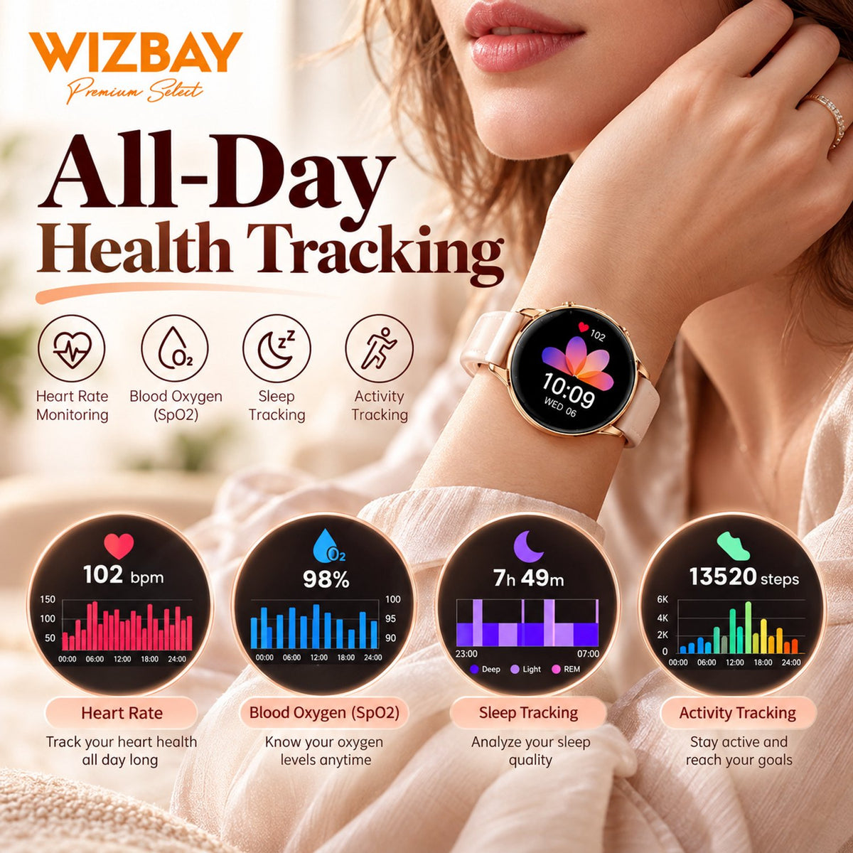 WizBay Premium Select® Smartwatch – AMOLED 1.32 inch – Multiple Sport Modi - Bluetooth Bellen – Flashlight – Hartslag SpO2 Slaap – Goud