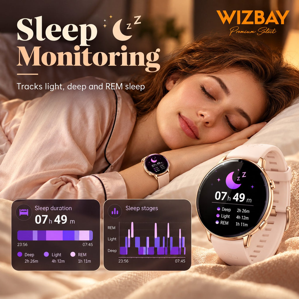 WizBay Premium Select® Smartwatch – AMOLED 1.32 inch – Multiple Sport Modi - Bluetooth Bellen – Flashlight – Hartslag SpO2 Slaap – Goud