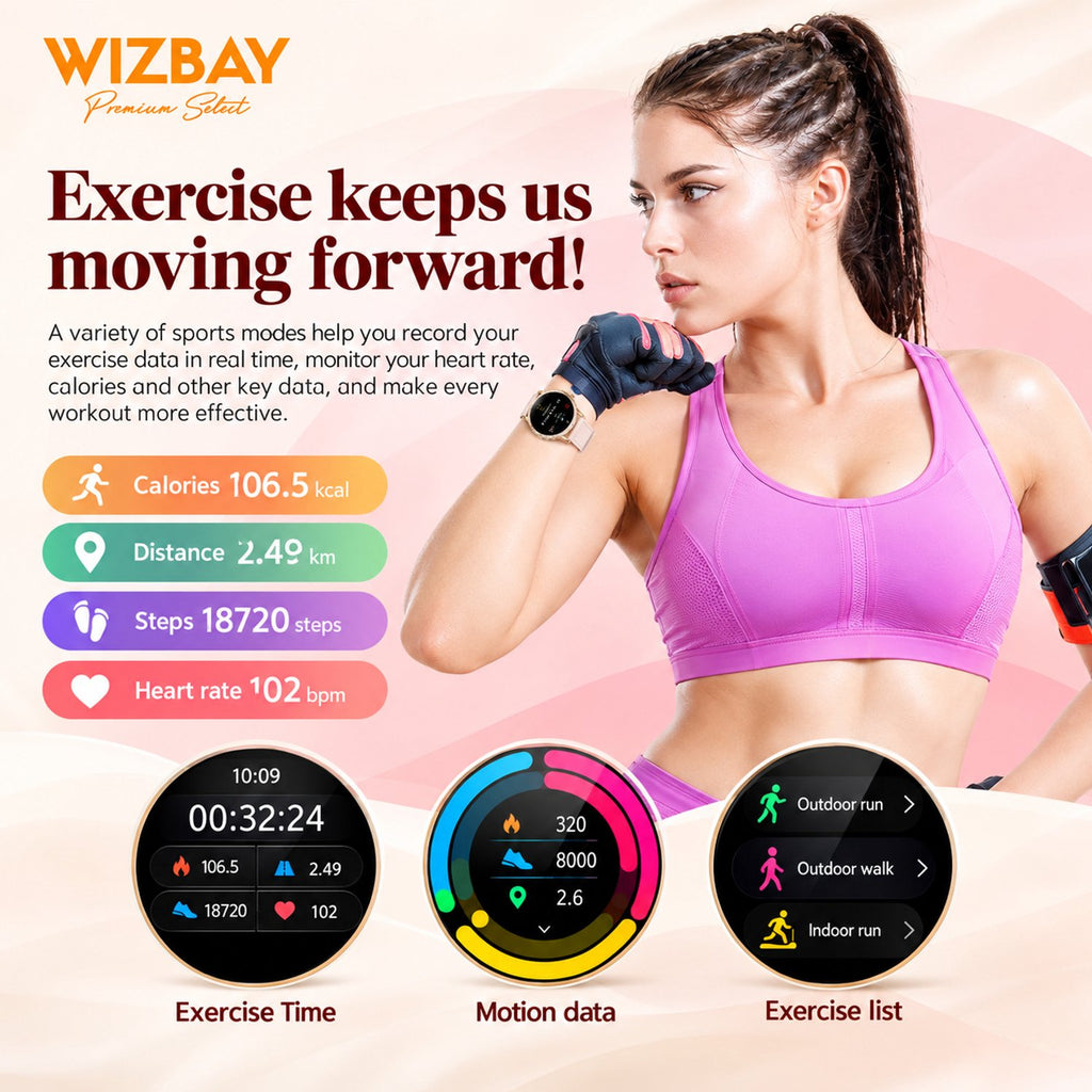 WizBay Premium Select® Smartwatch Dames - 1.32 inch AMOLED 3D Scherm - Bluetooth Bellen - Hartslag - SpO2 - Bloeddruk - IP67 - Goud