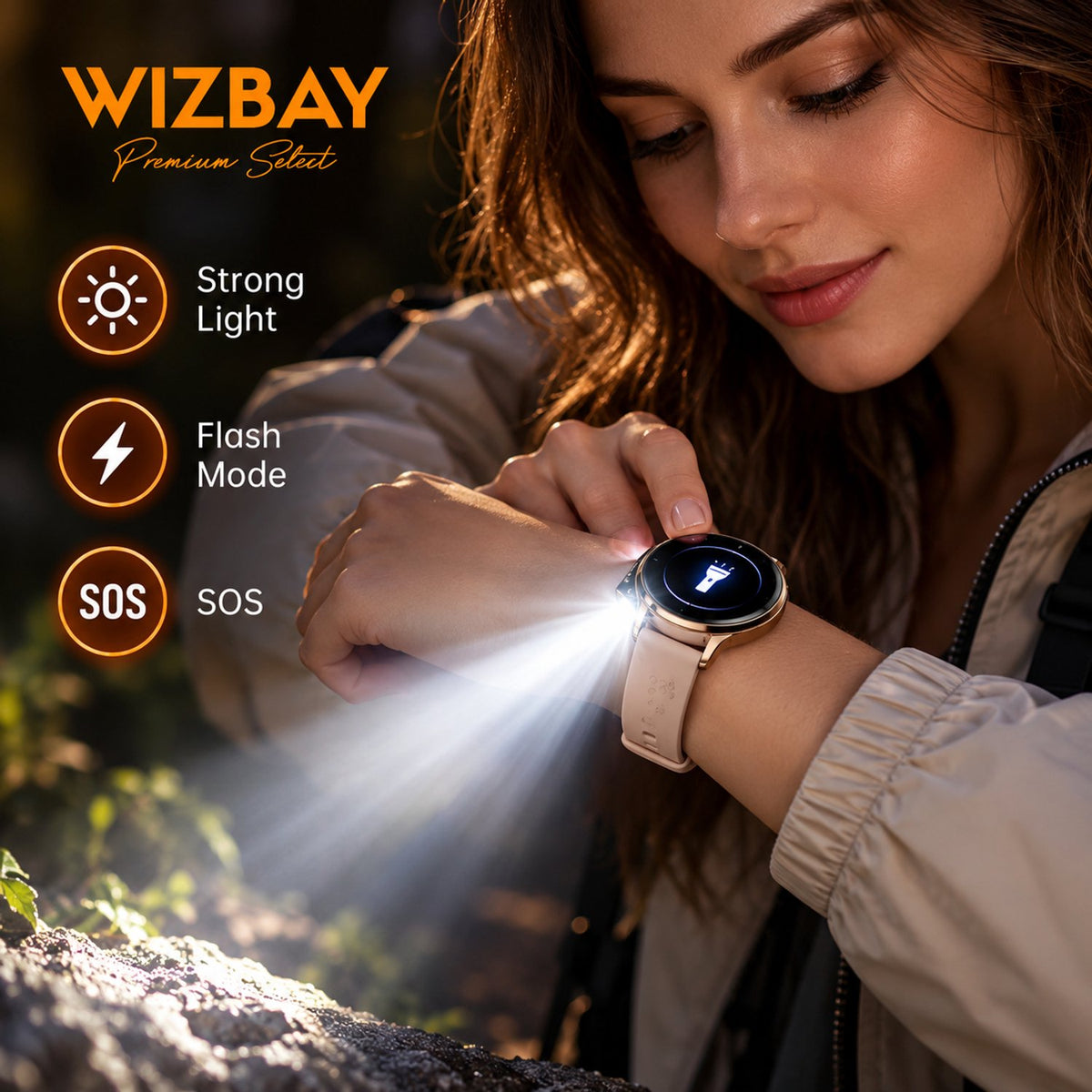 WizBay Premium Select® Smartwatch – AMOLED 1.32 inch – Multiple Sport Modi - Bluetooth Bellen – Flashlight – Hartslag SpO2 Slaap – Goud