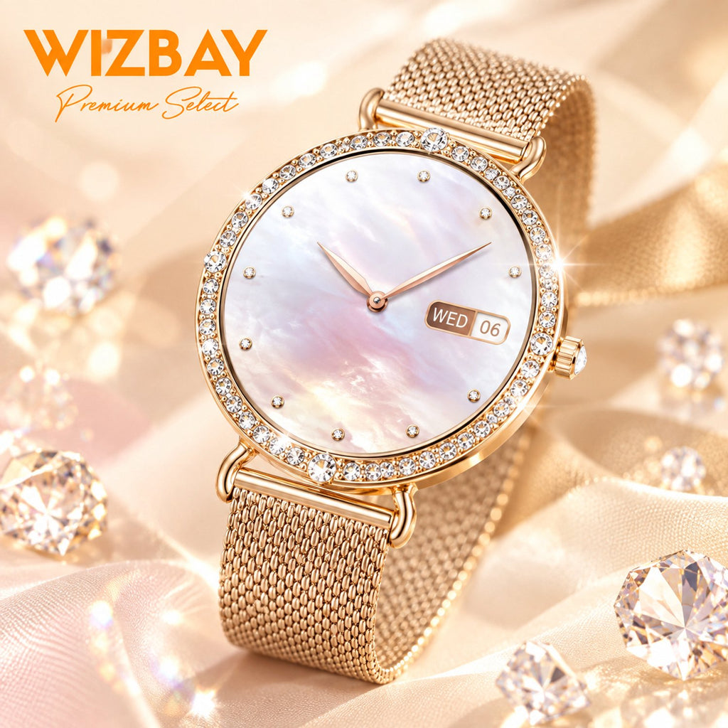 WizBay Premium Select® Smartwatch Dames - 1.32 inch AMOLED 3D Scherm - Bluetooth Bellen - Hartslag - SpO2 - Bloeddruk - IP67 - Goud