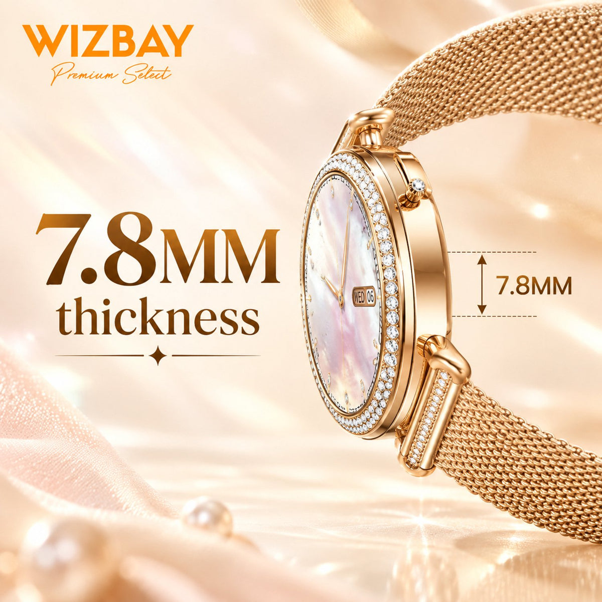 WizBay Premium Select® Smartwatch Dames - 1.32 inch AMOLED 3D Scherm - Bluetooth Bellen - Hartslag - SpO2 - Bloeddruk - IP67 - Goud