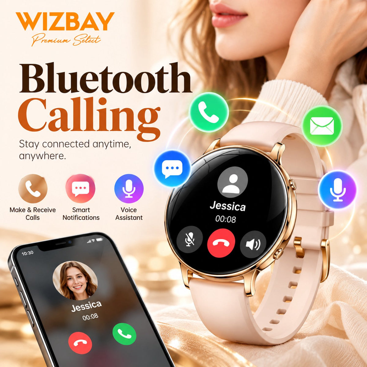 WizBay Premium Select® Smartwatch – AMOLED 1.32 inch – Multiple Sport Modi - Bluetooth Bellen – Flashlight – Hartslag SpO2 Slaap – Goud