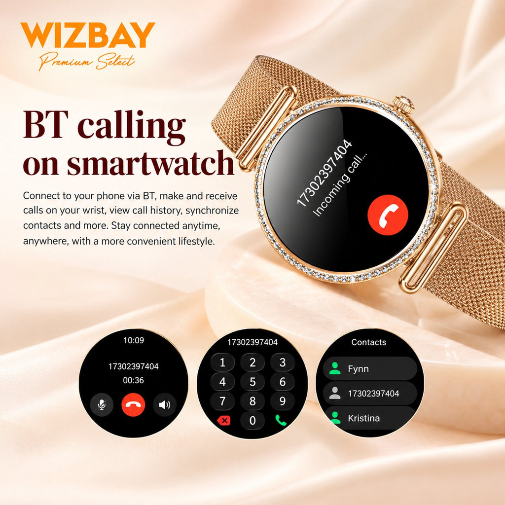 WizBay Premium Select® Smartwatch Dames - 1.32 inch AMOLED 3D Scherm - Bluetooth Bellen - Hartslag - SpO2 - Bloeddruk - IP67 - Goud