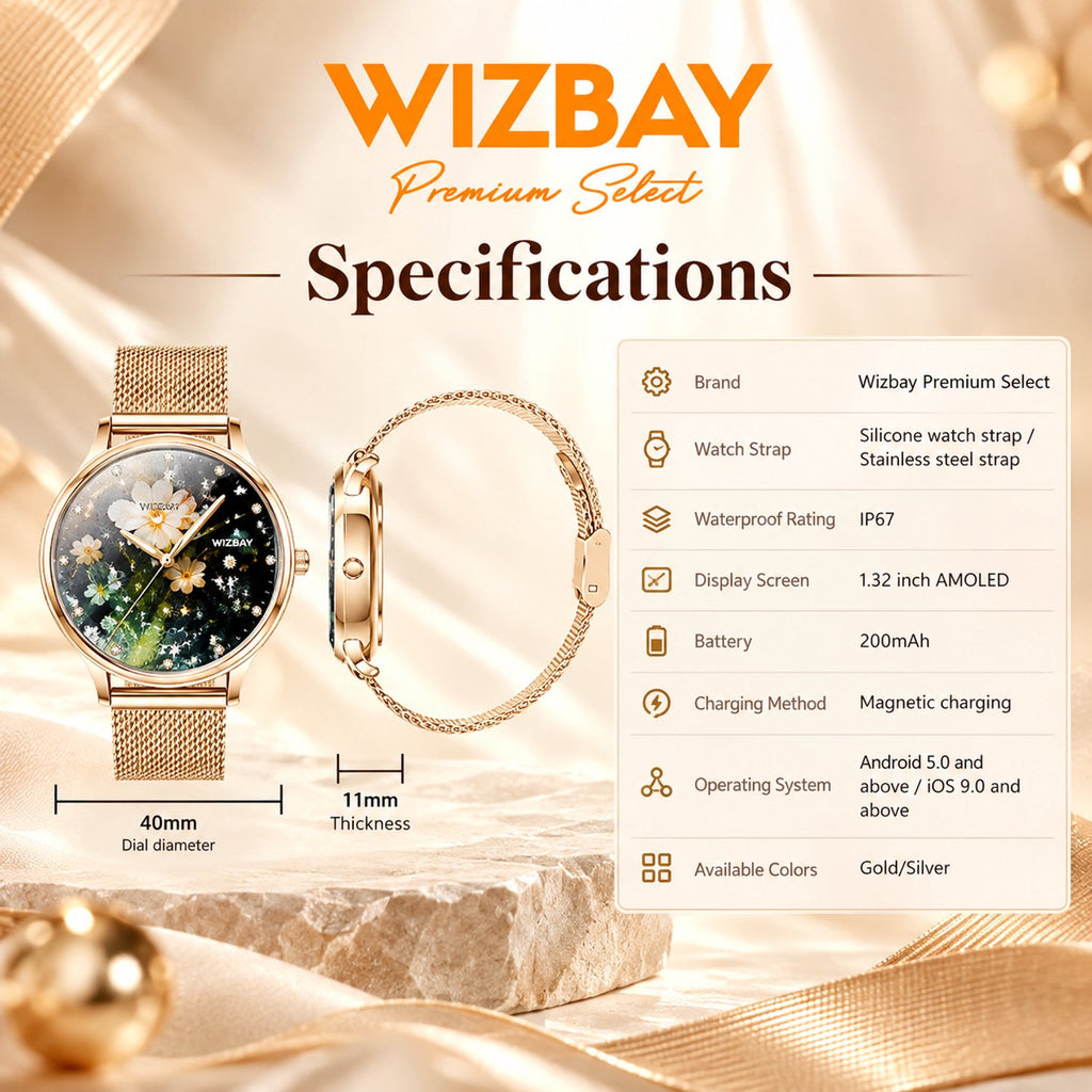 WizBay Premium Select® Smartwatch Dames - 1.32 inch AMOLED 3D Scherm - Bluetooth Bellen - Hartslag - SpO2 - Bloeddruk - IP67 - Goud