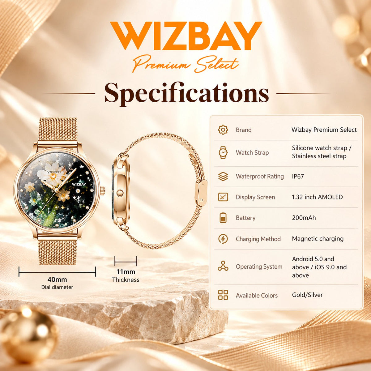 WizBay Premium Select® Smartwatch Dames - 1.32 inch AMOLED 3D Scherm - Bluetooth Bellen - Hartslag - SpO2 - Bloeddruk - IP67 - Goud