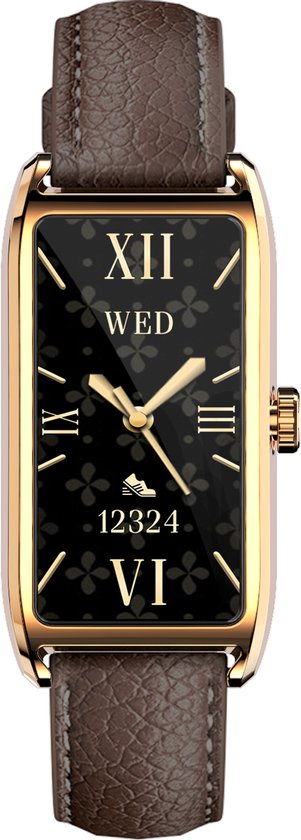 WizBay Premium Select® 1.13 Inch AMOLED Smartwatch Goud met Donker Bruin Leren Band – Hartslag, Bloeddruk SpO₂ Monitoring – Fitness Tracker – Elegant Vierkant Design – Android iOS