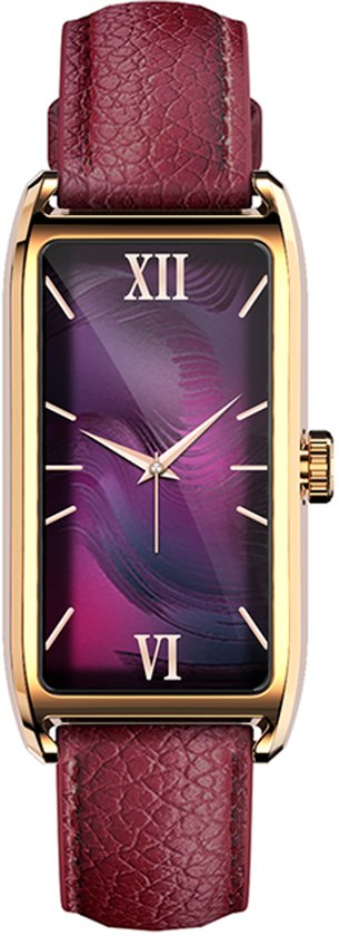 WizBay Premium Select® 1.13 Inch AMOLED Smartwatch Goud met Paars Leren Band – Hartslag, Bloeddruk SpO₂ Monitoring – Fitness Tracker – Elegant Vierkant Design – Android iOS