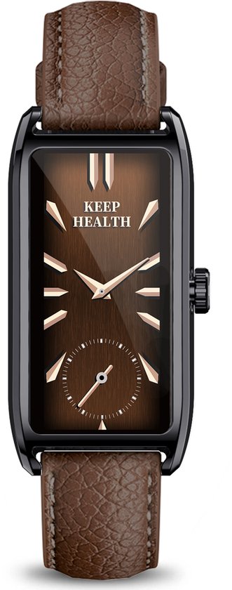 WizBay Premium Select® 1.13 Inch AMOLED Smartwatch Zwart met Donker Bruin Leren Band – Hartslag, Bloeddruk SpO₂ Monitoring – Fitness Tracker – Elegant Vierkant Design – Android iOS
