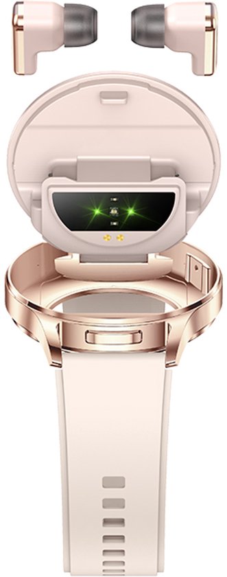 WizBay Premium Select® 1.39inch 2in1 Sport Smartwatch Dames Heren MP3 Player met EARBUDS - 300Ah Watch - 25mAh Earbuds - Bluetooth Bellen - AI Voice - O2 Bloeddrukmeter Multi Sport Modes - Android iOS - Goud met Roze Siliconen Band