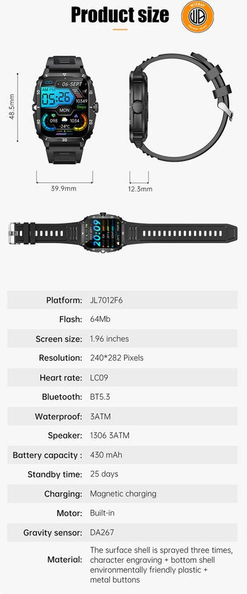 WizBay Premium Select® Outdoor Smartwatch - 1,96 Inch HD Scherm - Bluetooth Bellen - 3ATM Waterdicht - Hartslag Zuurstof Slaap - 100+ Sportstanden - 430mAh - Zwart Oranje Case