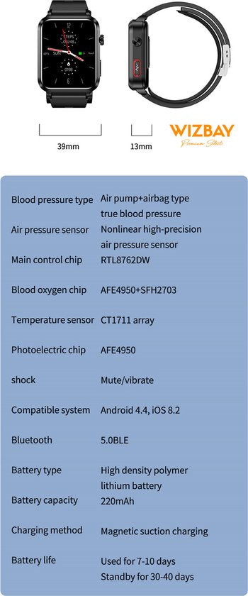 WizBay Premium Select® Smartwatch Dames Heren 1.92inch - Glucose Meting - Airbag Blooddruk - ECG - Urinezuur Bloedlipiden Meting - O2 - Multiple Sport Modi - Message - Alu Mat Zwart Case - Smartwatches - Zwarte TPU Band