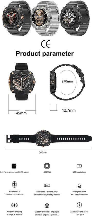 WizBay Premium Select® 1.43inch AMOLED Screen Smartwatch Dames Heren - Android en iOS - Bluetooth Call - 02 Zuurstof - Bloedruk - Dynamic Hartslag & Slaap Monitor - Message - Magnetic Laden - Smartwatches - Zwart met rvs Zwarte Band Rose Knoppen