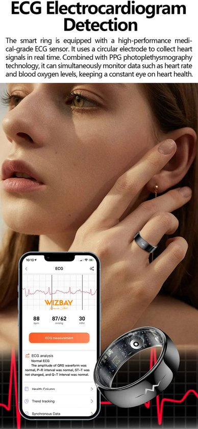 WizBay Premium Select® FlashSense Smart Ring – Glucose & ECG Meting – Gesture – Hypoallergeen – Waterdicht IP68 – Dames & Heren – Oplaadcase – Slaap, O2, Bloeddruk, Hartslag & Sportmonitoring - Zwart #10