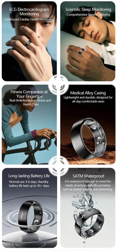 WizBay Premium Select® FlashSense Smart Ring – Glucose & ECG Meting – Gesture – Hypoallergeen – Waterdicht IP68 – Dames & Heren – Oplaadcase – Slaap, O2, Bloeddruk, Hartslag & Sportmonitoring - Zwart #10