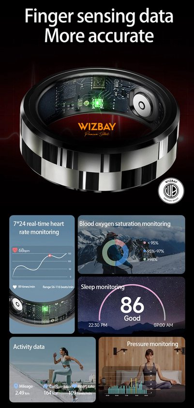 WizBay Premium Select® Smart Ring Zilver - Hartslag, Slaap, Bloeddruk, Zuurstof - Multi Sport Modi - Oplaadcase - Maat 10