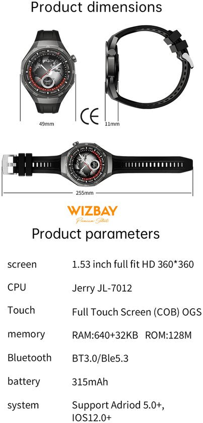 WizBay Premium Select® 1.53 inch TFT Smartwatch Dames Heren - Sapphire Glas - Android en iOS - Bluetooth Call - 02 Zuurstof - Bloedruk - Message - AI Voice - Multiple Sport Modi - Obsidiaan Zwarte Case 2 extra Banden Zwart Leer en Siliconen