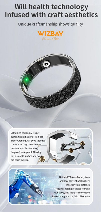 WizBay Premium Select® Zwarte FrostLook Smart Ring Dames Heren - Oplaad Case - Hypoallergeen - Hartslag & Slaap Monitor - IP68 Waterdicht - O2 Meting - Gesture Functie - Multiple Sport Modi - #12