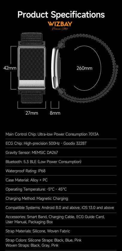 WizBay Premium Select® Smart Bracelet - Screenloze Gezondheidsarmband - ECG - HRV - Hartslag - Zuurstof - Temperatuur - Glucosetrends - BMI - iOS en Android - IP68 - Zilver Rosé