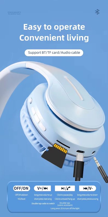 WizBay Premium Select® Headset met Microfoon HIFI Stereo - Headset Draadloos - HD Bluetooth Phone Call - Ingebouwde Microfoon - Superior 40mm Coil Sound -SD Card - Verstelbare Hoofdband - Soft Zuurstof doorlatend Ear Pads - Kleur Lichtblauw Wit