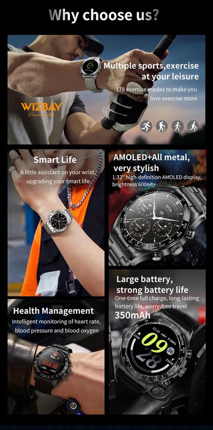 WizBay Premium Select® 1.32-inch AMOLED Smartwatch Dames/Heren – 178 Sportmodi – AI Voice – Bellen – Hartslag en Slaap – O2 – app GloryFitPro – Dual BT5.3 – 350mAh – Inclusief RVS en Siliconen Band Zwart
