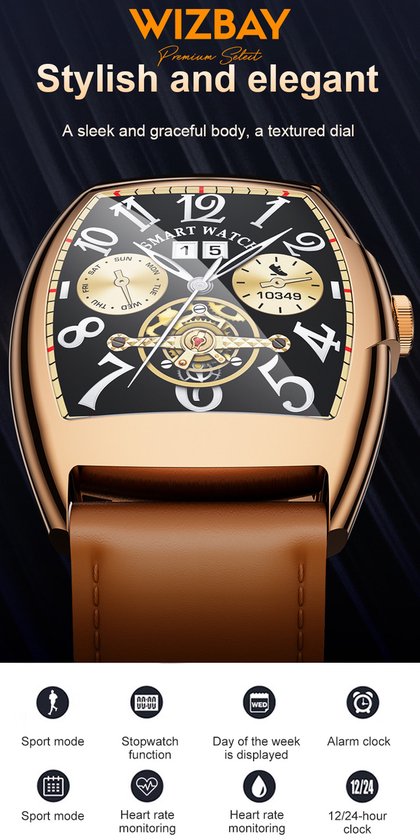 WizBay Premium Select® 2D Curved 1.77inch IPS Screen Elegante Smartwatch Dames Heren AMOLED - Android en iOS - Bluetooth Call - 02 Zuurstof - Dynamic Hartslag & Slaap Monitor - Message - Magnetic Laden - Smartwatches - Goud Bruine Lederen Band
