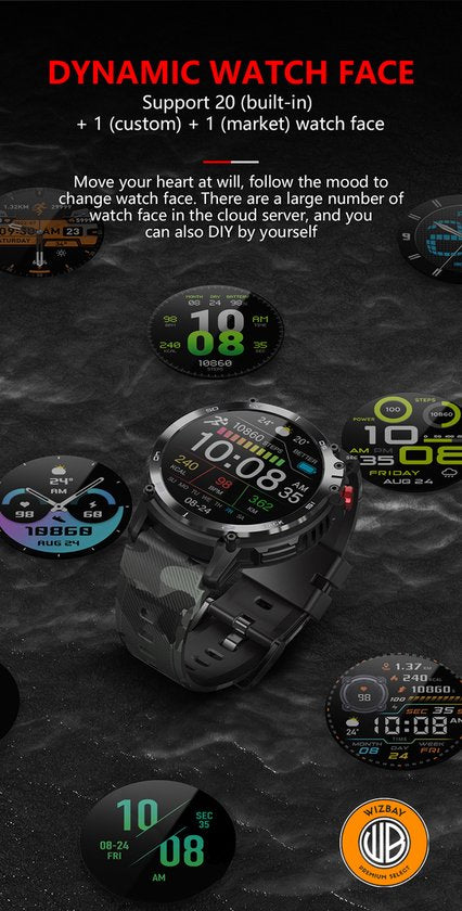 WizBay Premium Select® 1,6 Inch Sport Smartwatch - Bluetooth Bellen - Hartslag Bloeddruk Zuurstof - AI Voice Assist - IP68 Waterdicht - 24 Sportstanden - 400mAh Zwart