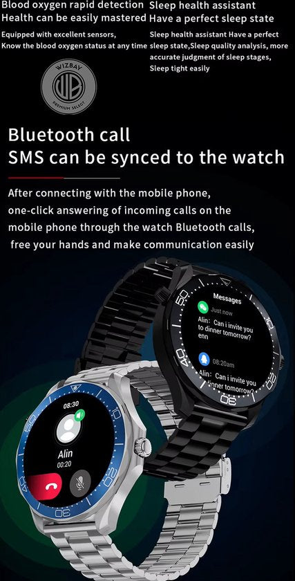 WizBay Premium Select® 1.53 inch HD TFT - Bluetooth Bellen - Message - Dynamic Hartslag & Slaap Monitor - Bloeddruk & Bloedzuurstofmeting - 100+ Sport Modi - 400mAh - Wireless Laden - Zilveren Case - RVS Zilver Band met Extra Blauwe TPU Band