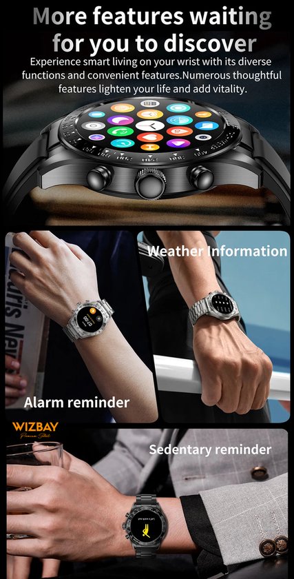 WizBay Premium Select® 1.32-inch AMOLED Smartwatch Dames/Heren – 178 Sportmodi – AI Voice – Bellen – Hartslag en Slaap – O2 – app GloryFitPro – Dual BT5.3 – 350mAh – Inclusief RVS en Siliconen Band Zwart