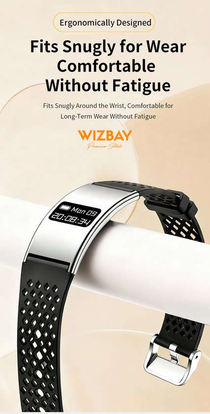 WizBay Premium Select® Smart Bracelet 2026 - Ultradun 2,8 mm - Hartslag en SpO2 - Slaapmonitor - 5ATM Waterdicht - Fitness Tracker - IPS Screen - Android en iOS - Zilver - Siliconen band Zwart Gewoven en Siliconen Band Zwart