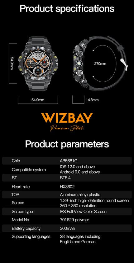 WizBay Premium Select® 1.39Inch Smartwatch Dames Heren - LED Flashlight - Android en iOS - Bluetooth Call - 02 Zuurstof - Bloedruk - Dynamic Hartslag & Slaap Monitor - Message - Magnetic Laden - Smartwatches - Zwart met Aubergine Siliconen Band