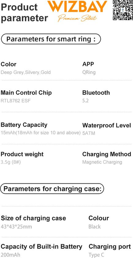 WizBay Premium Select® Smart Ring Zilver - Hartslag, Slaap, Zuurstof - Multi Sport Modi - Oplaadcase - Maat 10