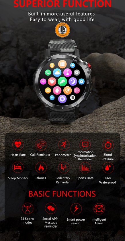 WizBay Premium Select® 1,6 Inch Sport Smartwatch - Bluetooth Bellen - Hartslag Bloeddruk Zuurstof - AI Voice Assist - IP68 Waterdicht - 24 Sportstanden - 400mAh Zwart