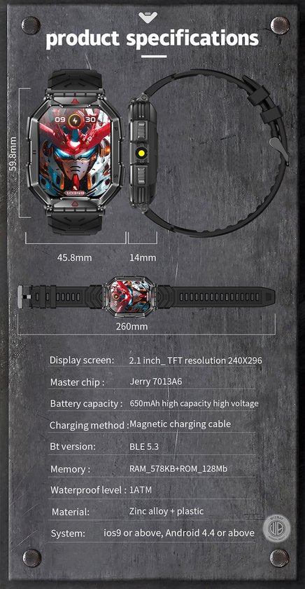 WizBay Premium Select® 2.1 inch AMOLED HD - Kompas Altitude & Barometer - LED Zaklamp - Bluetooth Bellen - Message - Dynamic Hartslag & Slaap Monitor - Bloeddruk & O2 - 100+ Sport Modi - 650mAh - Magnetic Laden - Zink Alloy Zwart Case - Zwart TPU