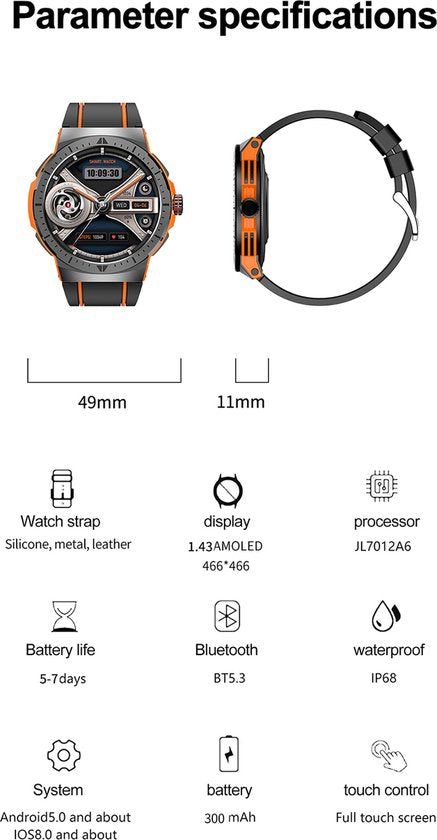 WizBay Premium Select® 1,43 Inch AMOLED Sport Smartwatch Rood Zwart - Bluetooth Bellen - Hartslag Bloeddruk Zuurstof - IP68 Waterdicht - 100+ Sportstanden - 466x466