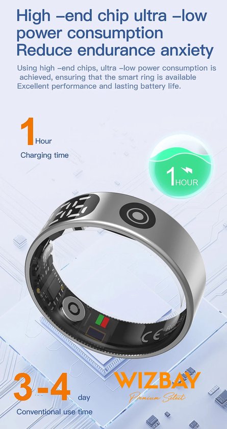 WizBay Premium Select® Smart Ring LED Dark Grey Zilver - Maat 8 - Hartslag Slaap Zuurstof - Gesture - Multi Sport Modi