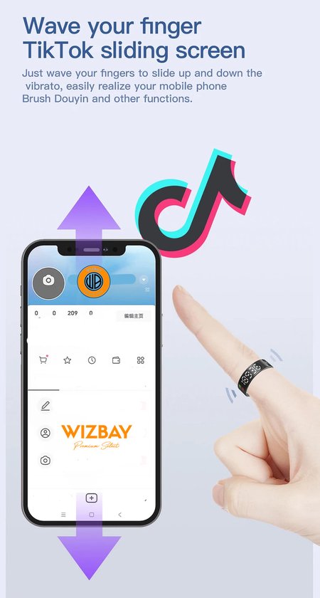 WizBay Premium Select® Smart Ring LED Dark Grey Zilver - Maat 9 - Hartslag Slaap Zuurstof - Gesture - Multi Sport Modi
