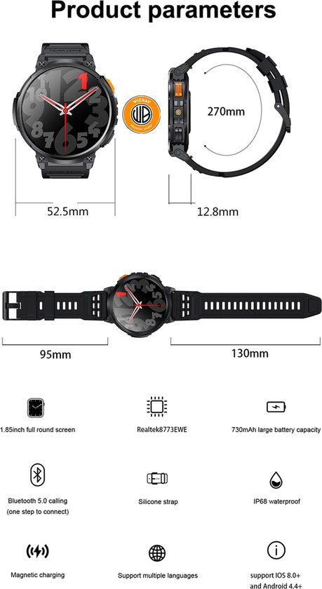 WizBay Premium Select® 1.83inch HD TFT - Bellen AI Voice - Message - Hartslag & Slaap Monitor - Bloeddruk & O2 - 100+ Sport Modi - LED Zaklamp - 730mAh - Magnetic Laden - Zinc Alloy Zwarte Case - Zwarte TPU Band