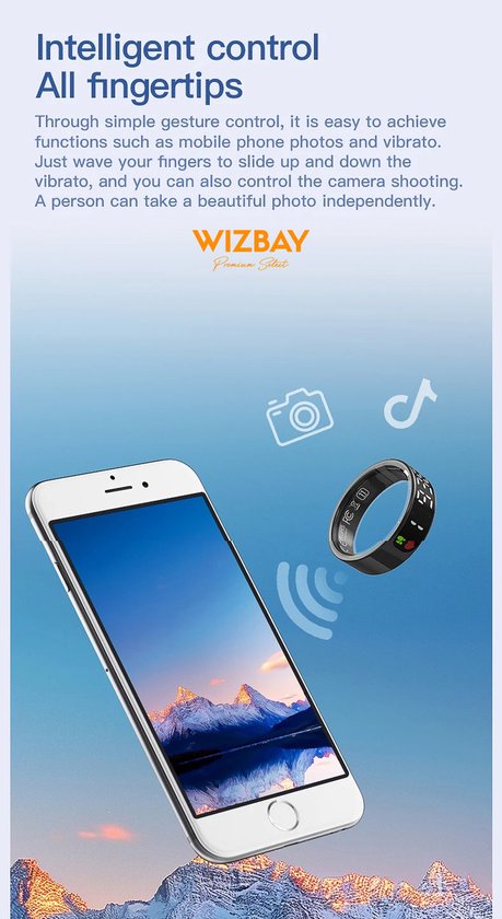 WizBay Premium Select® Smart Ring LED Dark Grey Zilver - Maat 9 - Hartslag Slaap Zuurstof - Gesture - Multi Sport Modi