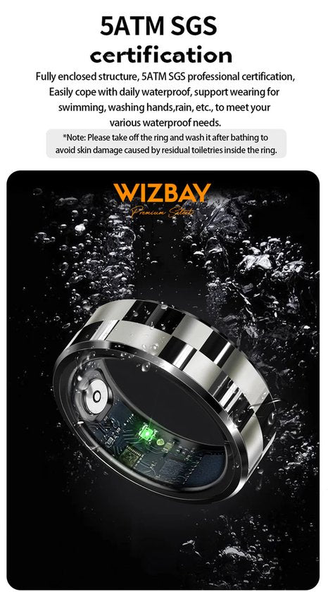 WizBay Premium Select® Smart Ring Zilver - Hartslag, Slaap, Bloeddruk, Zuurstof - Multi Sport Modi - Oplaadcase - Maat 10