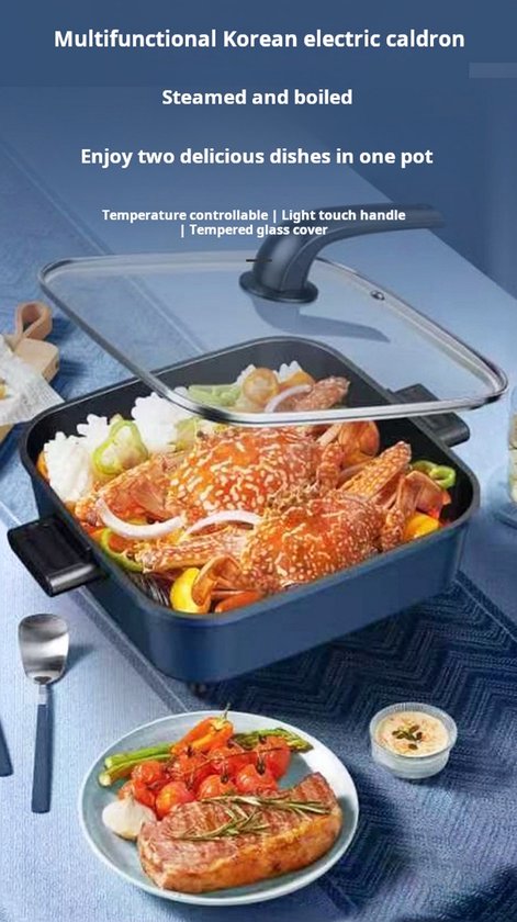 WizBay Premium Select® 3in1 Koreaanse Elektrische Grill 6L – Hotpot – Stoompan – Inclusief Aluminium Stoomplaat – Funcooking - Gourmetten - 4 tot 6 Personen – Anti Aanbak Laag – 1500W – Temperatuurregeling – Blauw