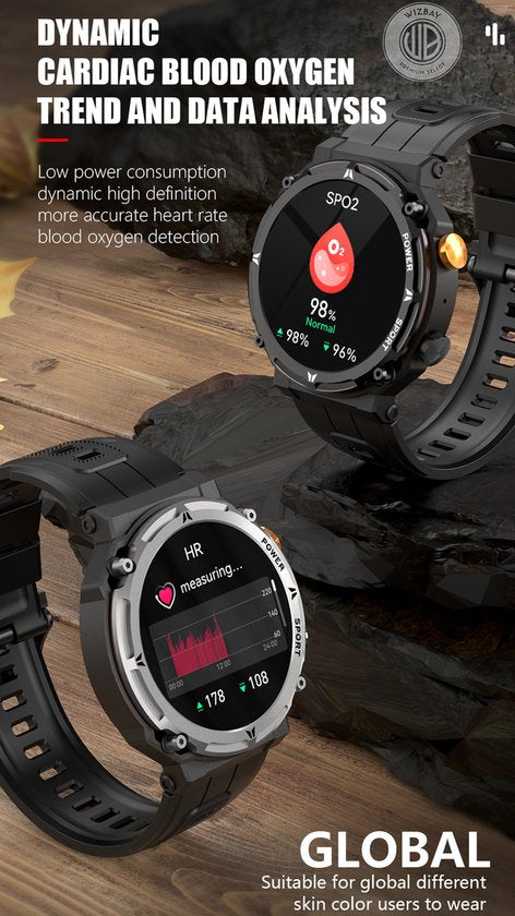 WizBay Premium Select® Smartwatch 1.39 inch - Bluetooth Bellen - Hartslag en Zuurstofmeting - Slaapmonitor - Sportmodi - AI Voice - IP67 - Mat Grijze RVS Kast - Zwarte TPU Band