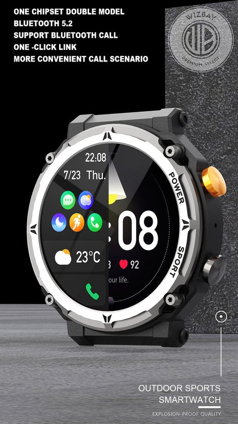 WizBay Premium Select® Smartwatch 1.39 inch - Bluetooth Bellen - Hartslag en Zuurstofmeting - Slaapmonitor - Sportmodi - AI Voice - IP67 - Mat Grijze RVS Kast - Zwarte TPU Band