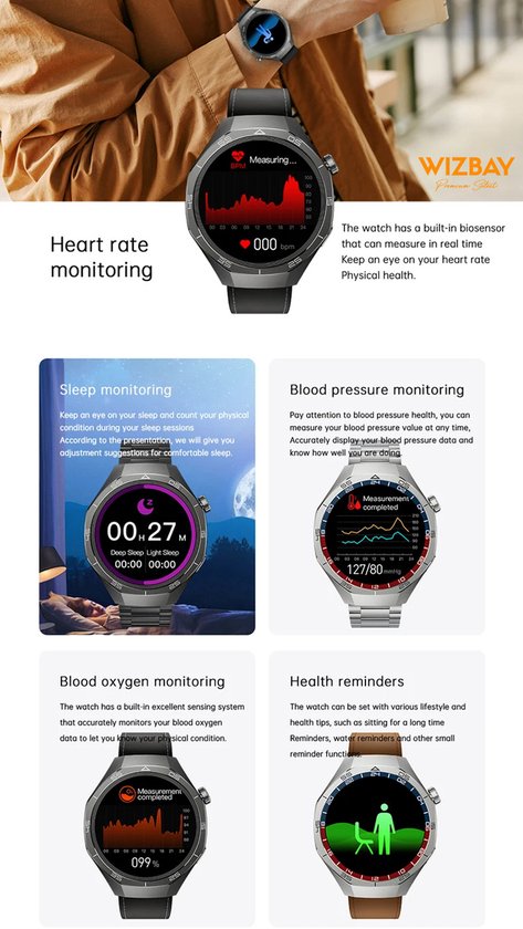 WizBay Premium Select® 1.53 inch TFT Smartwatch Dames Heren - Sapphire Glas - Android en iOS - Bluetooth Call - 02 Zuurstof - Bloedruk - Message - AI Voice - Multiple Sport Modi - Obsidiaan Zwarte Case 2 extra Banden Zwart Leer en Siliconen