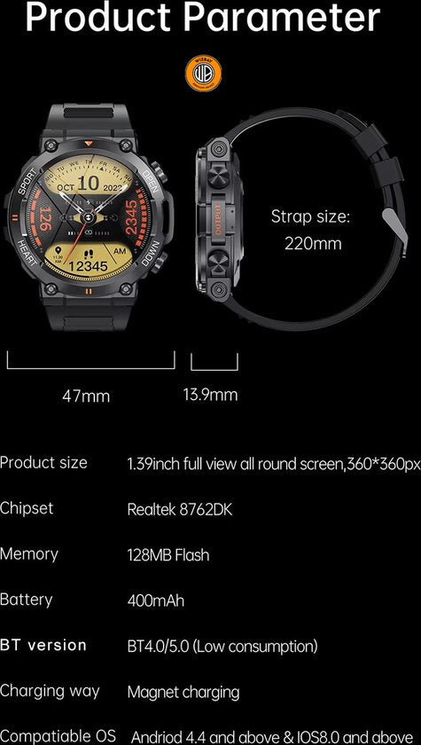 WizBay Premium Select® 1.39 inch HD TFT - Bluetooth Bellen AI Voice - Message - Dynamic Hartslag & Slaap Monitor - Bloeddruk & Bloedzuurstofmeting - 100+ Sport Modi - 700mAh - Magnetic Laden - Zink Alloy Zwarte Case - Zwarte TPU Band