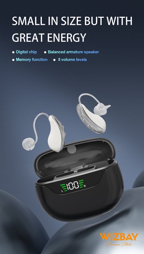 WizBay Premium Select® Digitale Gehoorapparaten AHO - 2 Stuks - Oplaadbaar - 16-kanaals DSP - Tinnitus Masking - Noise Reduction - Grijs