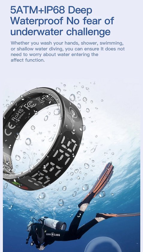 WizBay Premium Select® Smart Ring LED Dark Grey Zilver - Maat 9 - Hartslag Slaap Zuurstof - Gesture - Multi Sport Modi